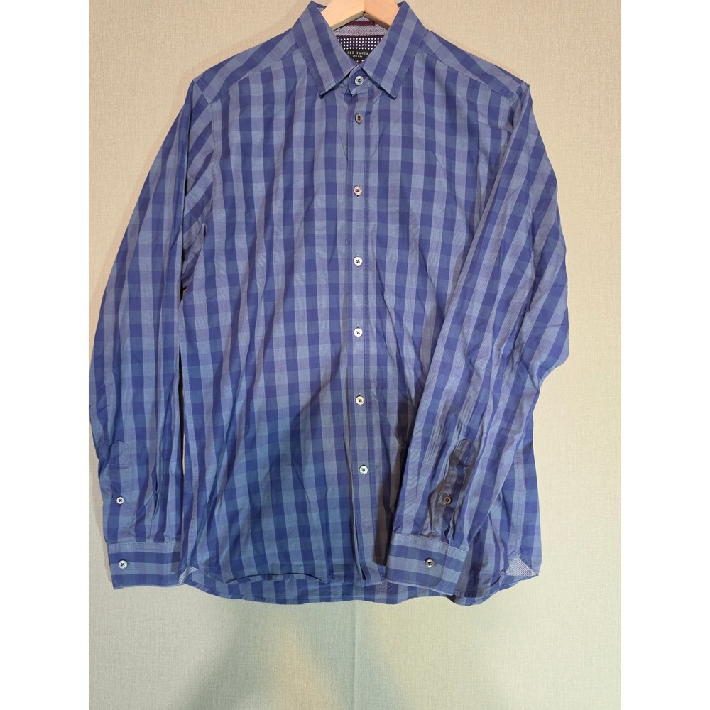 Ted Baker London Mens Blue Gingham Check Button Down Shirt Size 4 Large L LS